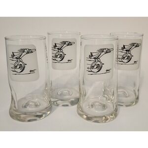Vintage BC Comics Tall‎ Glasses Set of 4 Cartoon Hart Barware Caveman Unicycle
